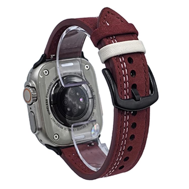 For Apple Watch 46mm / 49mm / 45mm / 44mm 7-Line Tri-Star Buckle Pull Up Leather Watch Band(Burgundy White Thread) - Watch Bands by PMC TechLife | Online Shopping South Africa | PMC TechLife | Buy Now Pay Later Mobicred