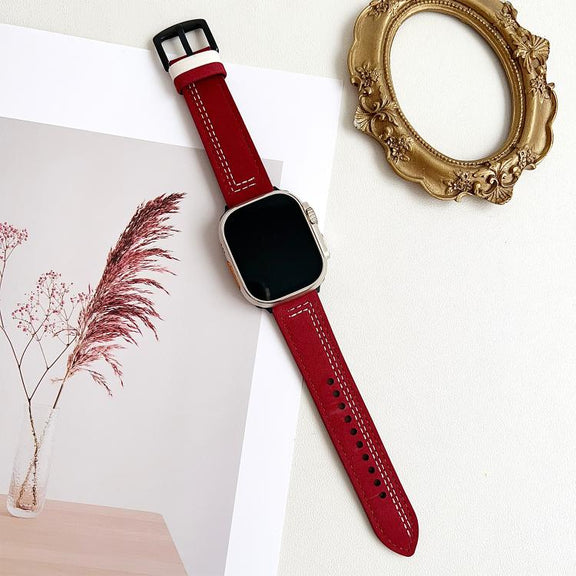 For Apple Watch 46mm / 49mm / 45mm / 44mm 7-Line Tri-Star Buckle Pull Up Leather Watch Band(Burgundy White Thread)
