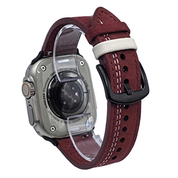 For Apple Watch 46mm / 49mm / 45mm / 44mm 7-Line Tri-Star Buckle Pull Up Leather Watch Band(Burgundy White Thread)