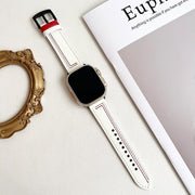 For Apple Watch 46mm / 49mm / 45mm / 44mm 7-Line Tri-Star Buckle Pull Up Leather Watch Band(Beige Red Thread)