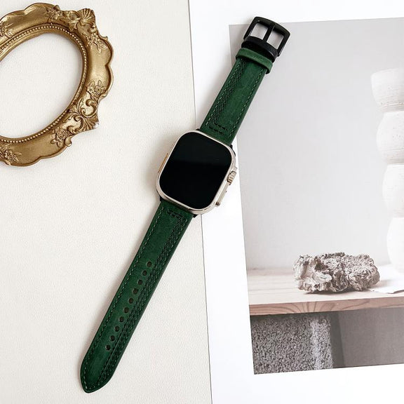 For Apple Watch 46mm / 49mm / 45mm / 44mm 7-Line Tri-Star Buckle Pull Up Leather Watch Band(Crazy Horse Green Black Thread)