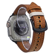 For Apple Watch 46mm / 49mm / 45mm / 44mm 7-Line Tri-Star Buckle Pull Up Leather Watch Band(Crazy Horse Yellow Brown White Thread)