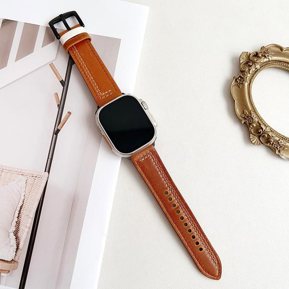 For Apple Watch 46mm / 49mm / 45mm / 44mm 7-Line Tri-Star Buckle Pull Up Leather Watch Band(Crazy Horse Yellow Brown White Thread)