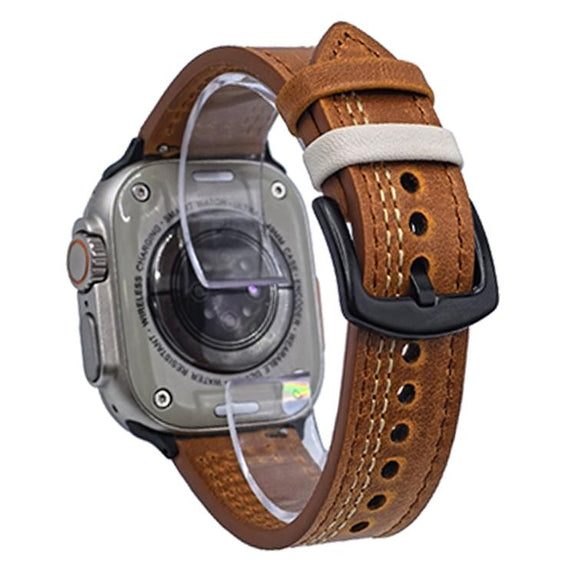For Apple Watch 46mm / 49mm / 45mm / 44mm 7-Line Tri-Star Buckle Pull Up Leather Watch Band(Crazy Horse Yellow Brown White Thread)