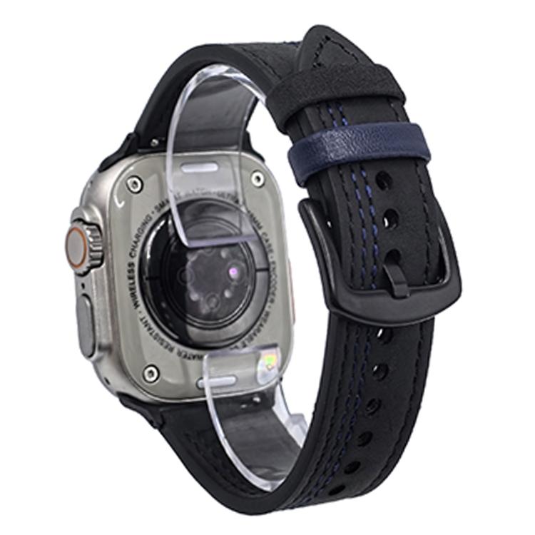 For Apple Watch 46mm / 49mm / 45mm / 44mm 7-Line Tri-Star Buckle Pull Up Leather Watch Band(Black Blue Thread) - Watch Bands by PMC TechLife | Online Shopping South Africa | PMC TechLife | Buy Now Pay Later Mobicred