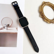 For Apple Watch 46mm / 49mm / 45mm / 44mm 7-Line Tri-Star Buckle Pull Up Leather Watch Band(Black Blue Thread)