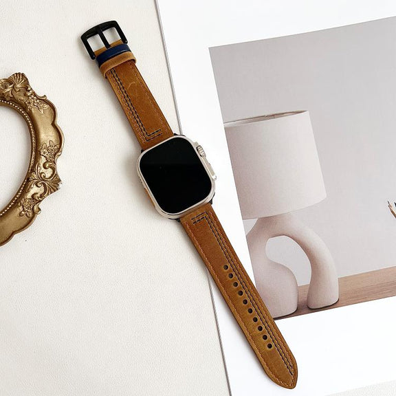 For Apple Watch 46mm / 49mm / 45mm / 44mm 7-Line Tri-Star Buckle Pull Up Leather Watch Band(Crazy Horse Light Brown Blue Thread)