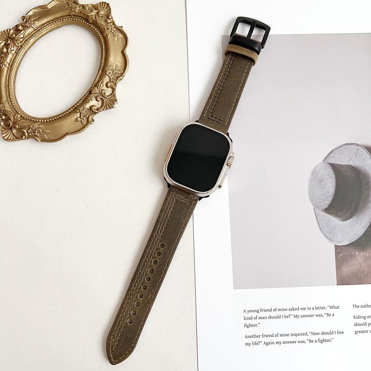 For Apple Watch 46mm / 49mm / 45mm / 44mm 7-Line Tri-Star Buckle Pull Up Leather Watch Band(Crazy Horse Army Green Black Thread)