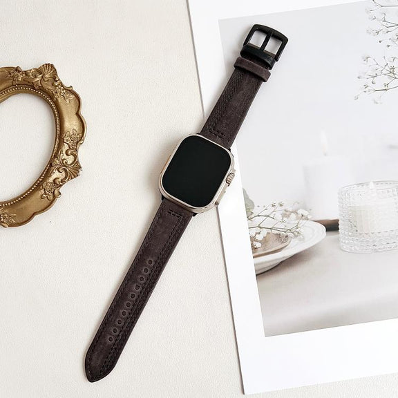 For Apple Watch 46mm / 49mm / 45mm / 44mm 7-Line Tri-Star Buckle Pull Up Leather Watch Band(Gray Black Thread)