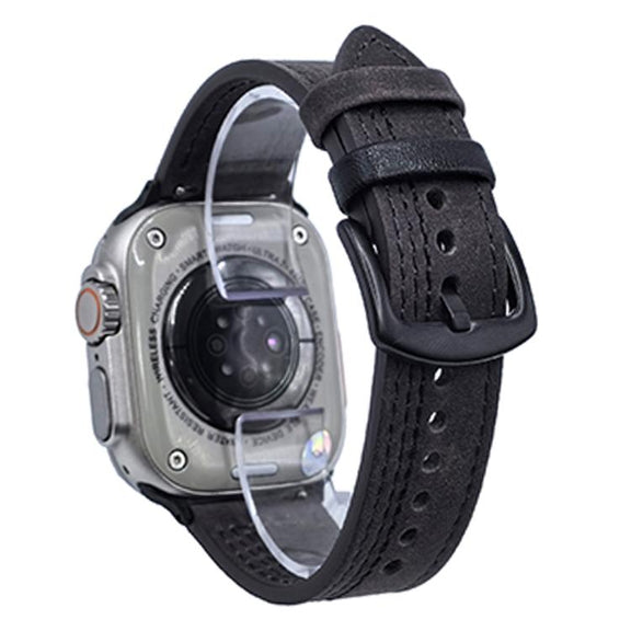 For Apple Watch 46mm / 49mm / 45mm / 44mm 7-Line Tri-Star Buckle Pull Up Leather Watch Band(Gray Black Thread)
