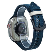 For Apple Watch 42mm / 41mm / 40mm / 38mm 7-Line Tri-Star Buckle Pull Up Leather Watch Band(Dark Blue White Thread)