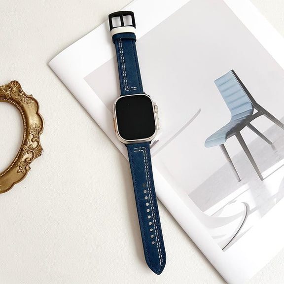For Apple Watch 42mm / 41mm / 40mm / 38mm 7-Line Tri-Star Buckle Pull Up Leather Watch Band(Dark Blue White Thread)