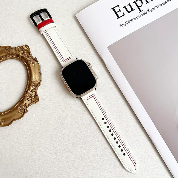 For Apple Watch 42mm / 41mm / 40mm / 38mm 7-Line Tri-Star Buckle Pull Up Leather Watch Band(Beige Red Thread)