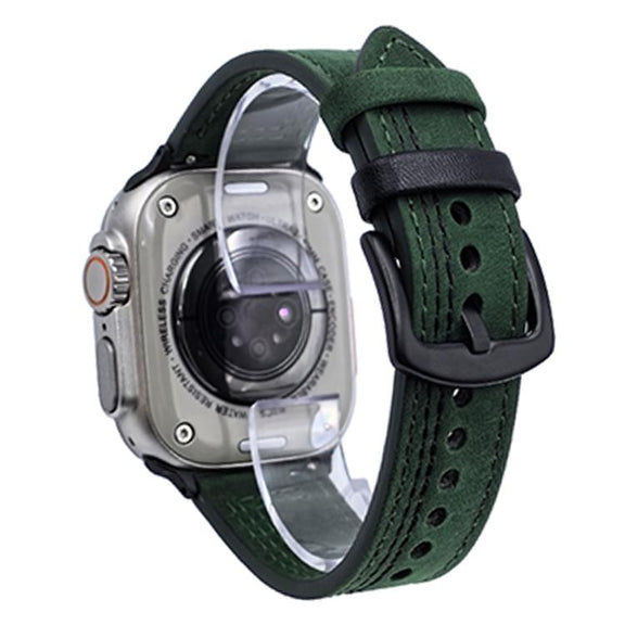 For Apple Watch 42mm / 41mm / 40mm / 38mm 7-Line Tri-Star Buckle Pull Up Leather Watch Band(Crazy Horse Green Black Thread)