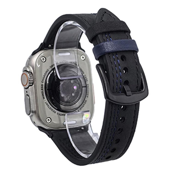 For Apple Watch 42mm / 41mm / 40mm / 38mm 7-Line Tri-Star Buckle Pull Up Leather Watch Band(Black Blue Thread)