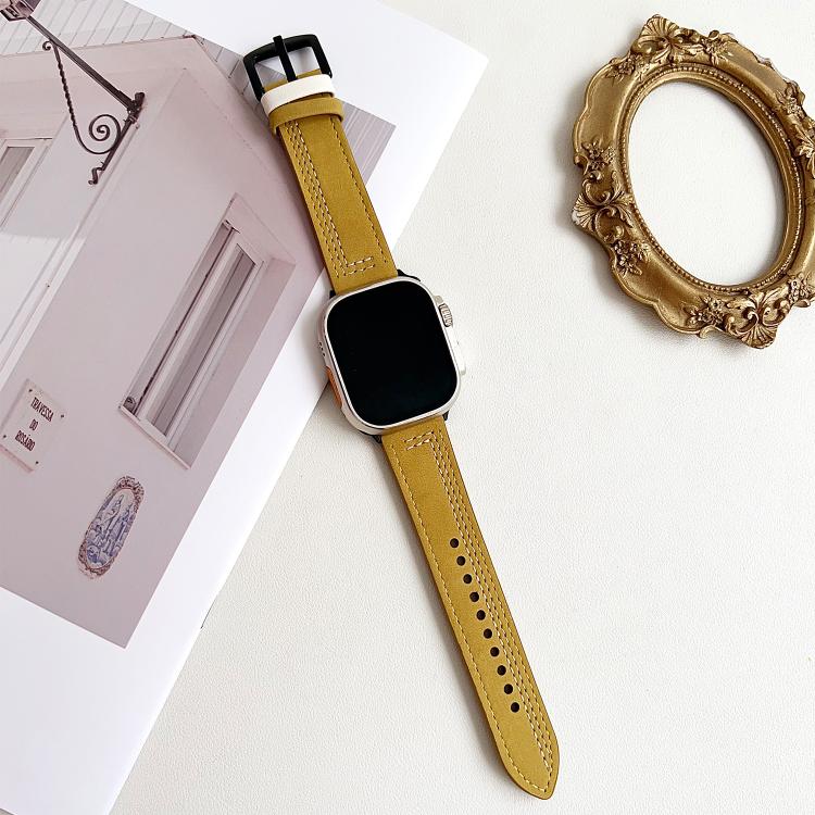 For Apple Watch 42mm / 41mm / 40mm / 38mm 7-Line Tri-Star Buckle Pull Up Leather Watch Band(Light Yellow White Thread)