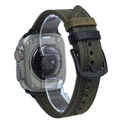 For Apple Watch 42mm / 41mm / 40mm / 38mm 7-Line Tri-Star Buckle Pull Up Leather Watch Band(Crazy Horse Army Green Black Thread)