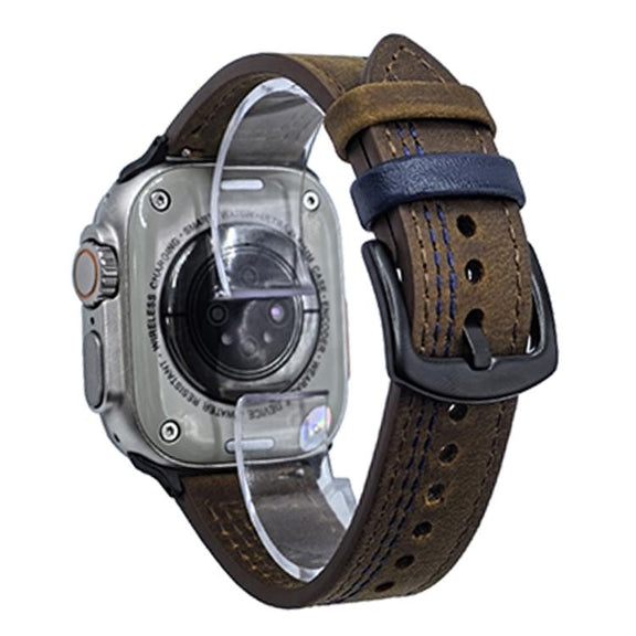 For Apple Watch 42mm / 41mm / 40mm / 38mm 7-Line Tri-Star Buckle Pull Up Leather Watch Band(Crazy Horse Dark Brown Blue Thread)