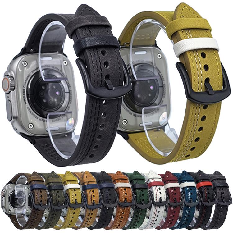 For Apple Watch 46mm / 49mm / 45mm / 44mm 7-Line Tri-Star Buckle Pull Up Leather Watch Band(Burgundy White Thread)