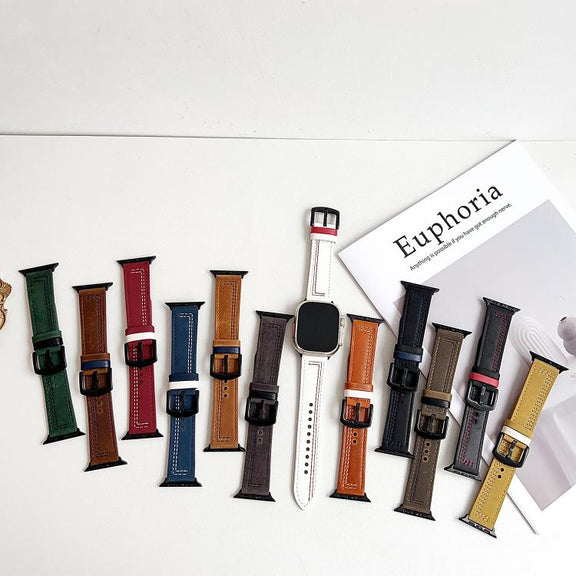 For Apple Watch 46mm / 49mm / 45mm / 44mm 7-Line Tri-Star Buckle Pull Up Leather Watch Band(Burgundy White Thread)