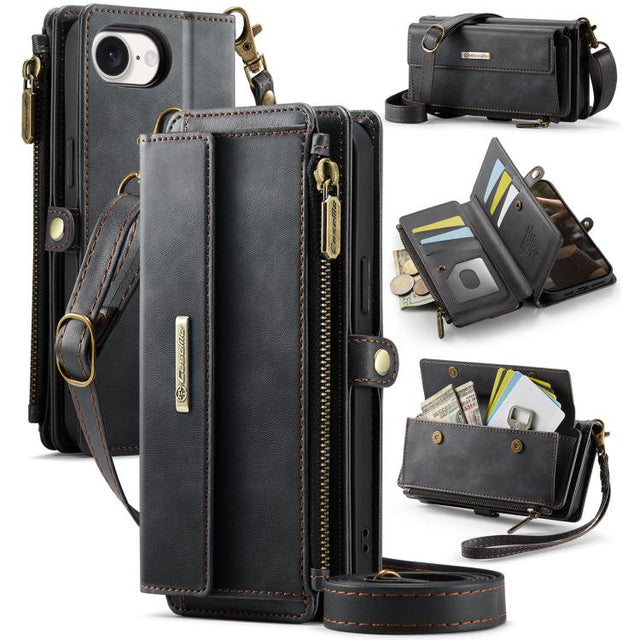 For iPhone 16e CaseMe C39 RFID Blocking Zipper Wallet Leather Phone Case with Crossbody Strap(Black)