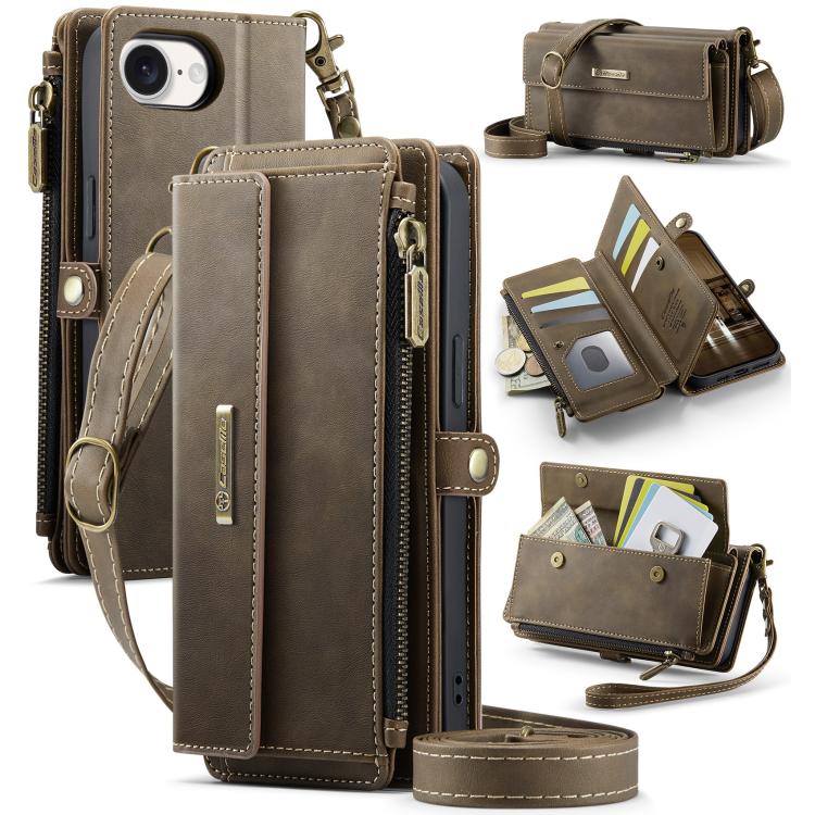 For iPhone 16e CaseMe C39 RFID Blocking Zipper Wallet Leather Phone Case with Crossbody Strap(Coffee) - free shipping - PMc TechLife - Order now!