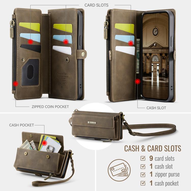 For iPhone 16e CaseMe C39 RFID Blocking Zipper Wallet Leather Phone Case with Crossbody Strap(Coffee) - free shipping - PMc TechLife - Order now!