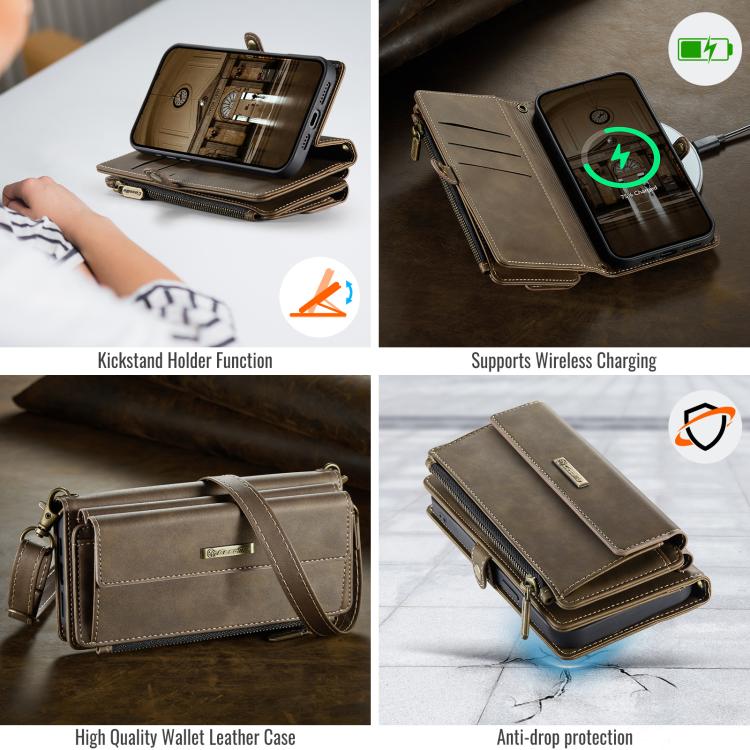 For iPhone 16e CaseMe C39 RFID Blocking Zipper Wallet Leather Phone Case with Crossbody Strap(Coffee) - free shipping - PMc TechLife - Order now!