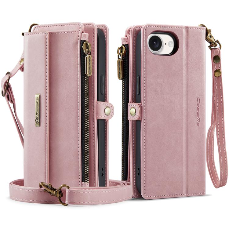 For iPhone 16e CaseMe C39 RFID Blocking Zipper Wallet Leather Phone Case with Crossbody Strap(Pink) - free shipping - PMc TechLife - Order now!