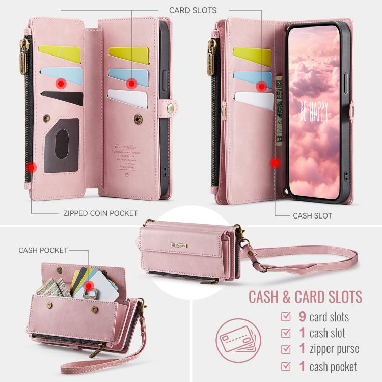 For iPhone 16e CaseMe C39 RFID Blocking Zipper Wallet Leather Phone Case with Crossbody Strap(Pink) - free shipping - PMc TechLife - Order now!