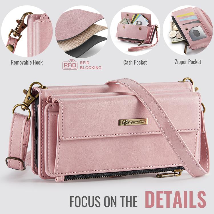For iPhone 16e CaseMe C39 RFID Blocking Zipper Wallet Leather Phone Case with Crossbody Strap(Pink) - free shipping - PMC Jewellery - Order now!