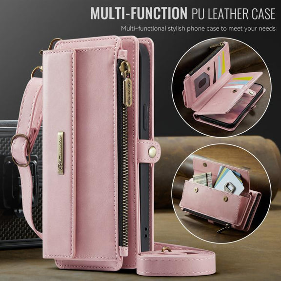 For iPhone 16e CaseMe C39 RFID Blocking Zipper Wallet Leather Phone Case with Crossbody Strap(Pink)