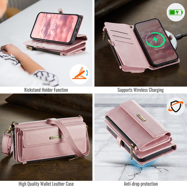 For iPhone 16e CaseMe C39 RFID Blocking Zipper Wallet Leather Phone Case with Crossbody Strap(Pink) - free shipping - PMC Jewellery - Order now!