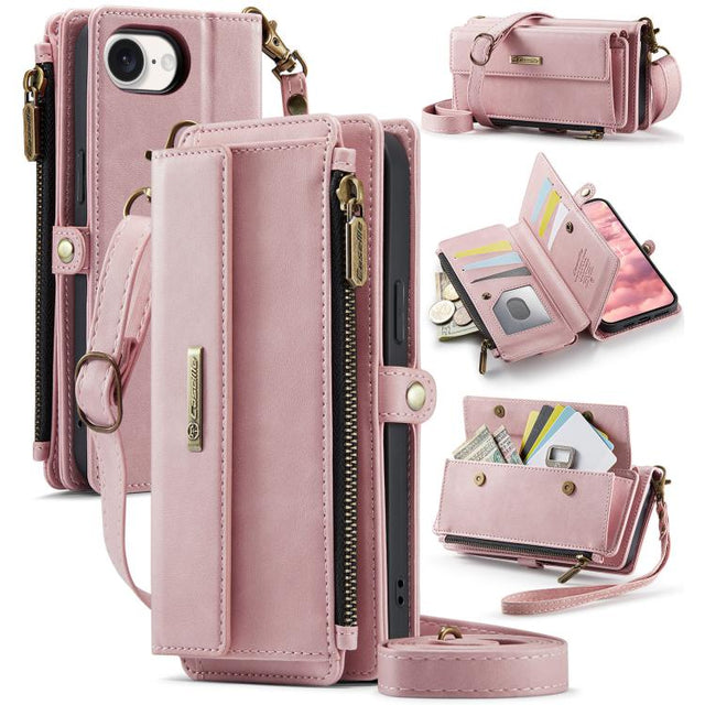 For iPhone 16e CaseMe C39 RFID Blocking Zipper Wallet Leather Phone Case with Crossbody Strap(Pink)