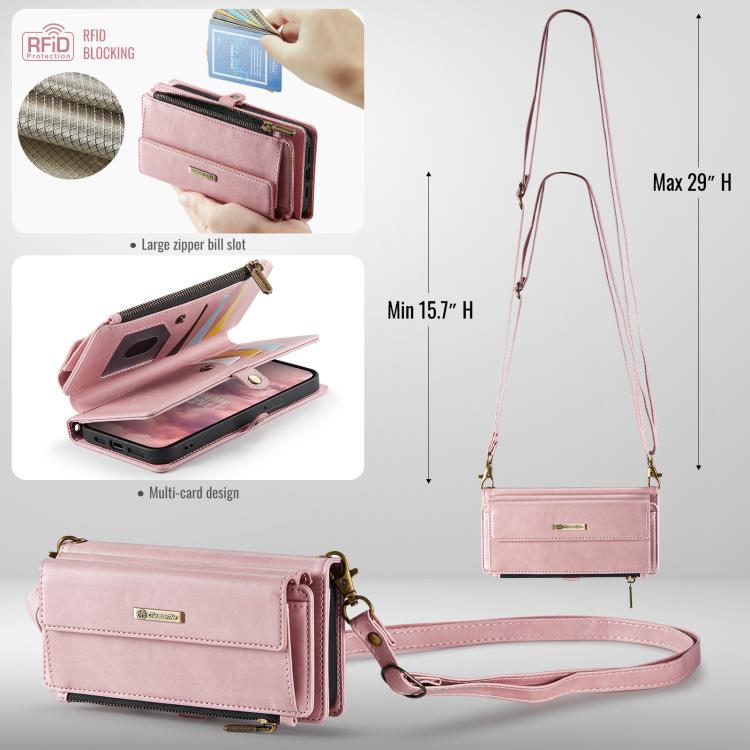 For iPhone 16e CaseMe C39 RFID Blocking Zipper Wallet Leather Phone Case with Crossbody Strap(Pink) - free shipping - PMc TechLife - Order now!