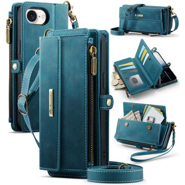For iPhone 16e CaseMe C39 RFID Blocking Zipper Wallet Leather Phone Case with Crossbody Strap(Green)