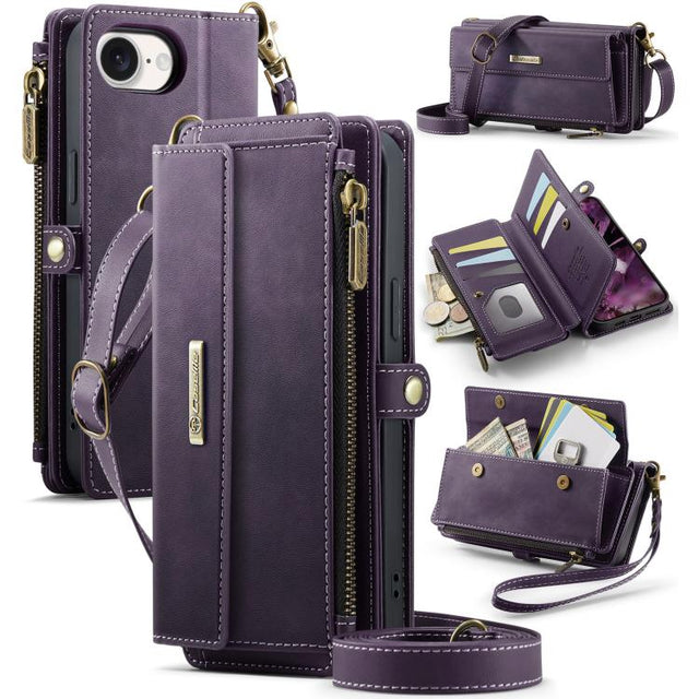 For iPhone 16e CaseMe C39 RFID Blocking Zipper Wallet Leather Phone Case with Crossbody Strap(Purple)