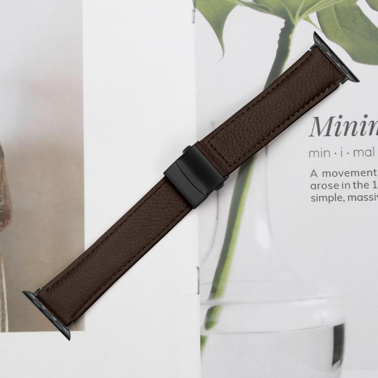 For Apple Watch 42mm / 41mm / 40mm / 38mm Lychee Texture Black Turtle Back Buckle Leather Watch Band(Coffee Color)