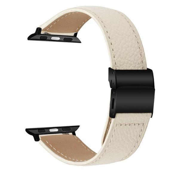 For Apple Watch 42mm / 41mm / 40mm / 38mm Lychee Texture Black Turtle Back Buckle Leather Watch Band(Creamy White)