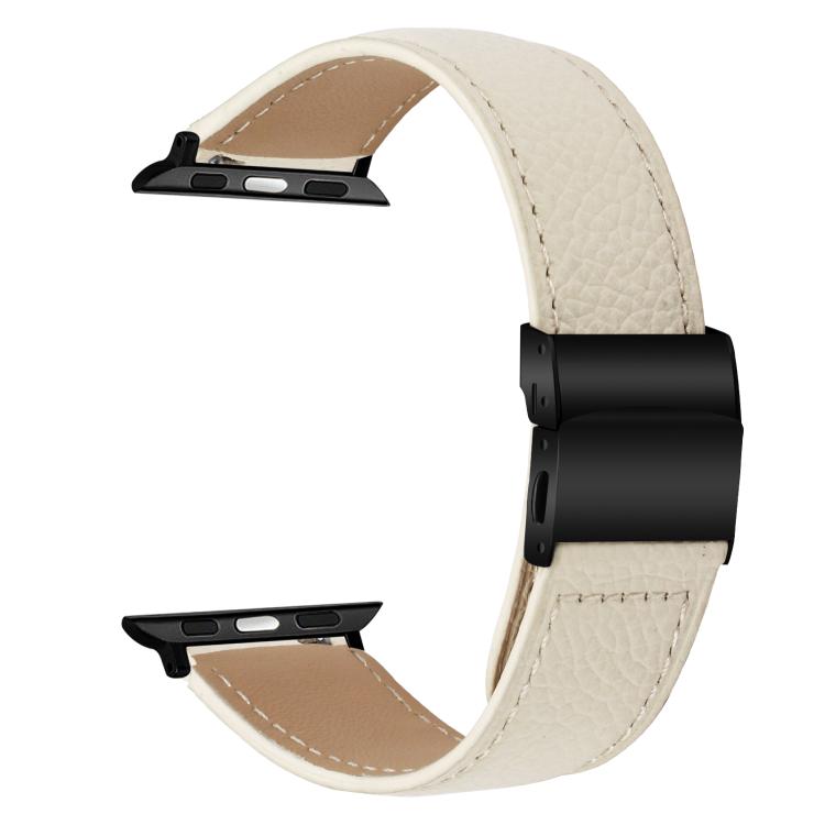 For Apple Watch 42mm / 41mm / 40mm / 38mm Lychee Texture Black Turtle Back Buckle Leather Watch Band(Creamy White)
