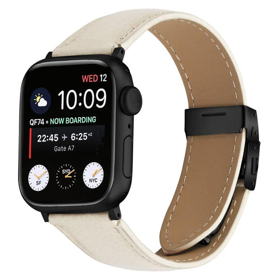 For Apple Watch 42mm / 41mm / 40mm / 38mm Lychee Texture Black Turtle Back Buckle Leather Watch Band(Creamy White)