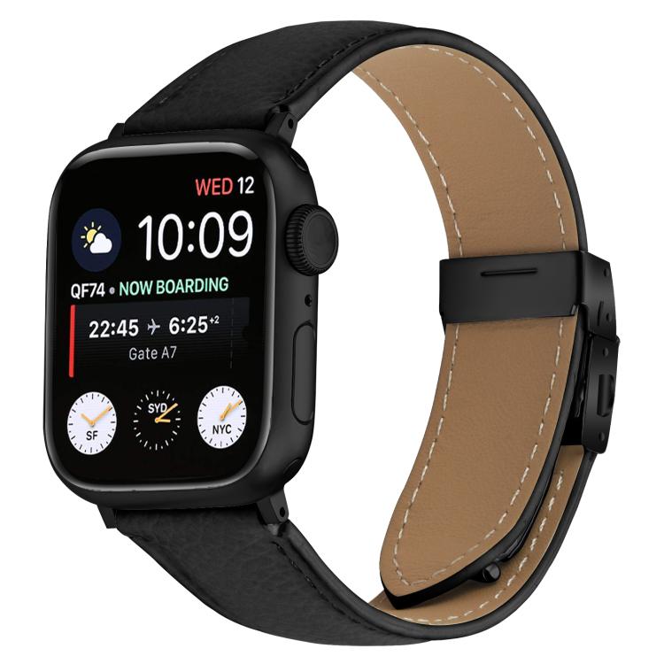 For Apple Watch 46mm / 49mm / 45mm / 44mm Lychee Texture Black Turtle Back Buckle Leather Watch Band(Black) - Watch Bands by PMC TechLife | Online Shopping South Africa | PMC TechLife | Buy Now Pay Later Mobicred