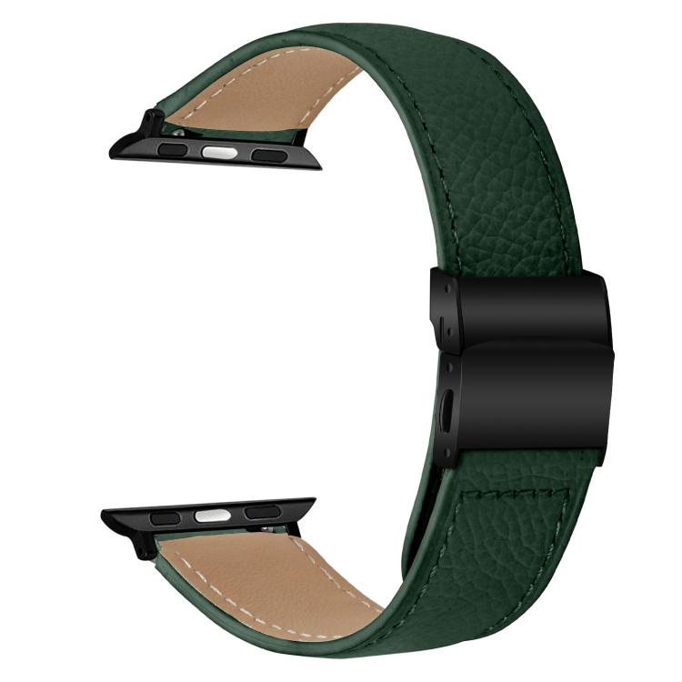 For Apple Watch 46mm / 49mm / 45mm / 44mm Lychee Texture Black Turtle Back Buckle Leather Watch Band(Green)
