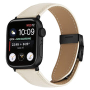 For Apple Watch 46mm / 49mm / 45mm / 44mm Lychee Texture Black Turtle Back Buckle Leather Watch Band(Creamy White)