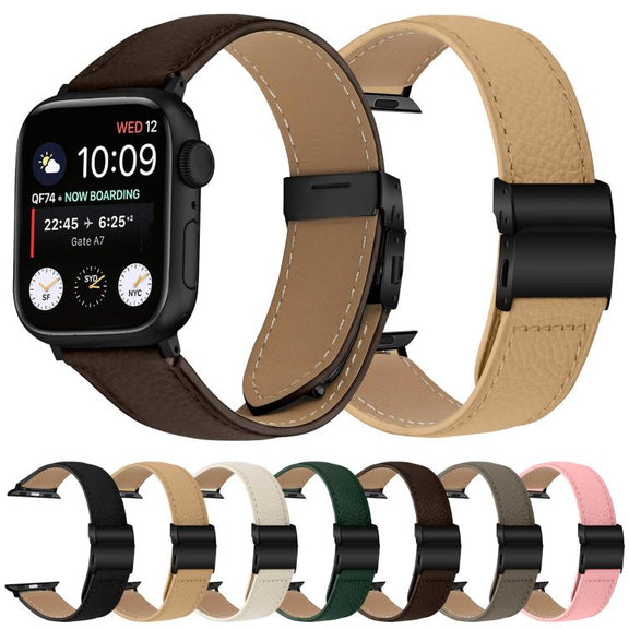 For Apple Watch 42mm / 41mm / 40mm / 38mm Lychee Texture Black Turtle Back Buckle Leather Watch Band(Pink)