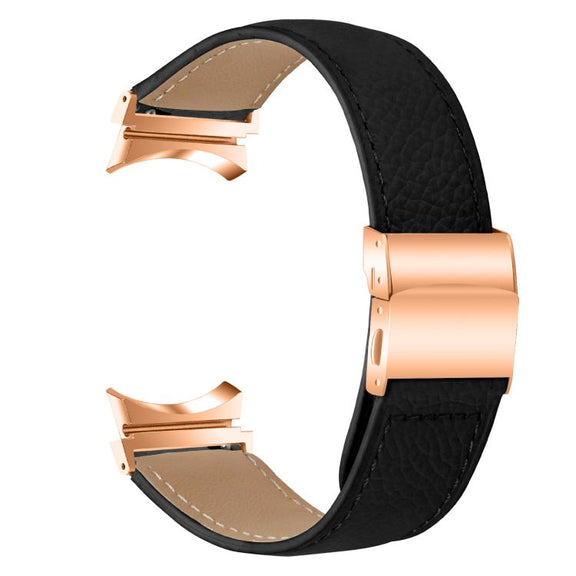 For Samsung Galaxy Watch 7 40 / 44mm Lychee Texture Rose Gold Turtle Back Buckle Leather Watch Band(Black)