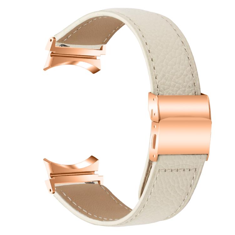 For Samsung Galaxy Watch 7 40 / 44mm Lychee Texture Rose Gold Turtle Back Buckle Leather Watch Band(Creamy White)
