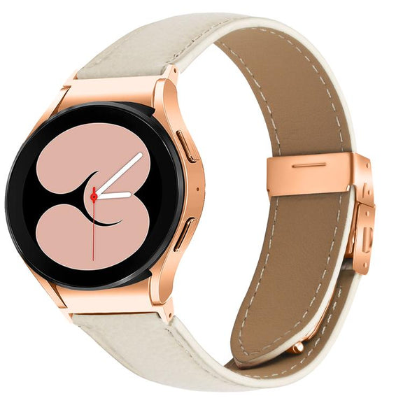 For Samsung Galaxy Watch 7 40 / 44mm Lychee Texture Rose Gold Turtle Back Buckle Leather Watch Band(Creamy White)