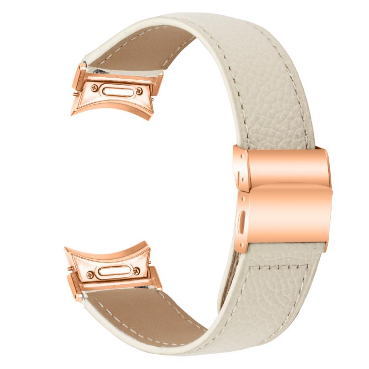 For Samsung Galaxy Watch 7 40 / 44mm Quick Release Lychee Texture Rose Gold Turtle Back Buckle Leather Watch Band(Creamy White)