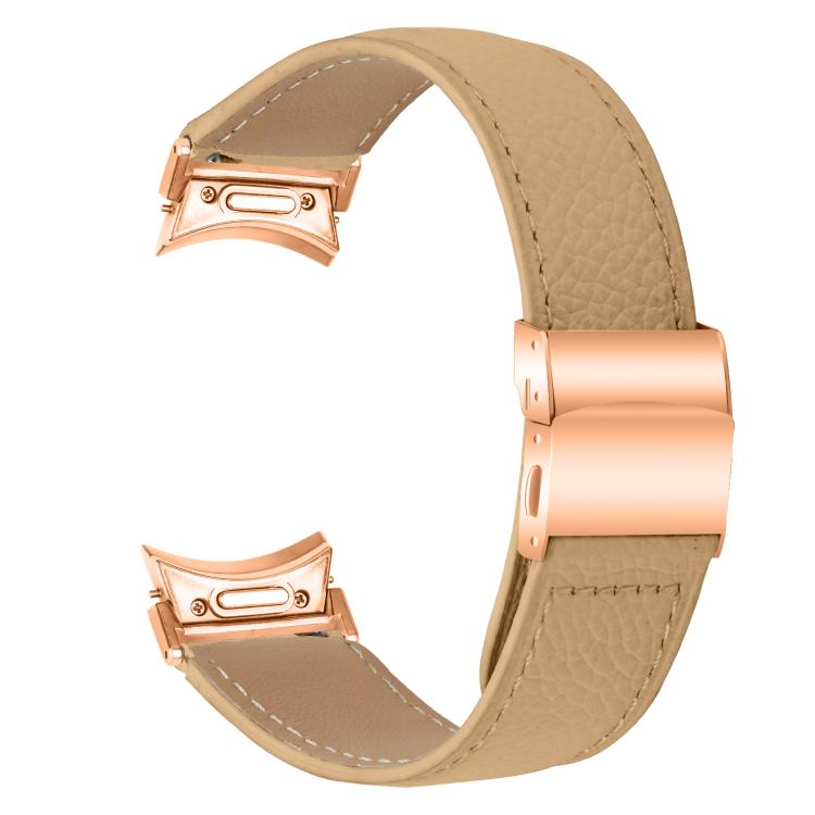 For Samsung Galaxy Watch 7 40 / 44mm Quick Release Lychee Texture Rose Gold Turtle Back Buckle Leather Watch Band(Camel)